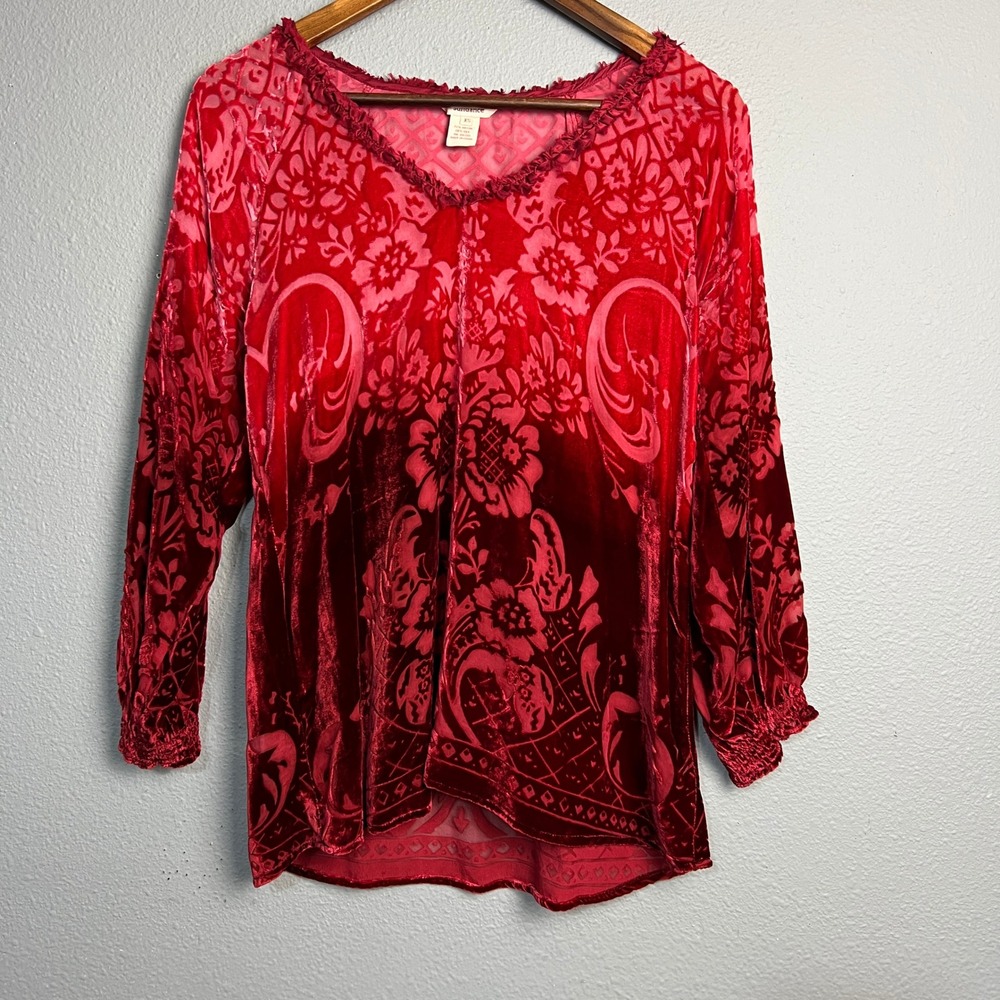 Sundance Velvet Burnout Witchy Sexy Tunic Top Floral Print Red Ombre Bohemian XS